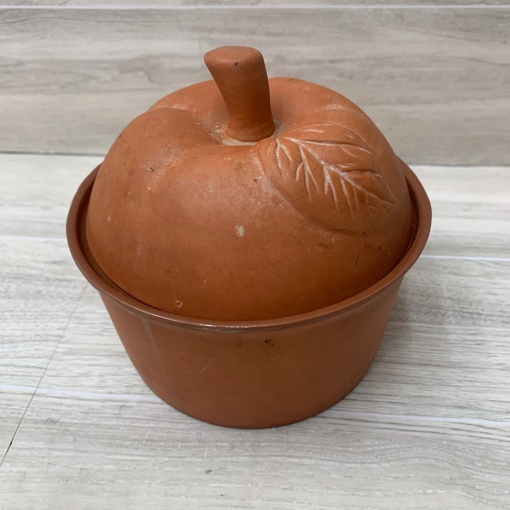 Terracotta Apple Baker Clay Ramekin with Lid Rustic Fall Kitchen Decor Orange